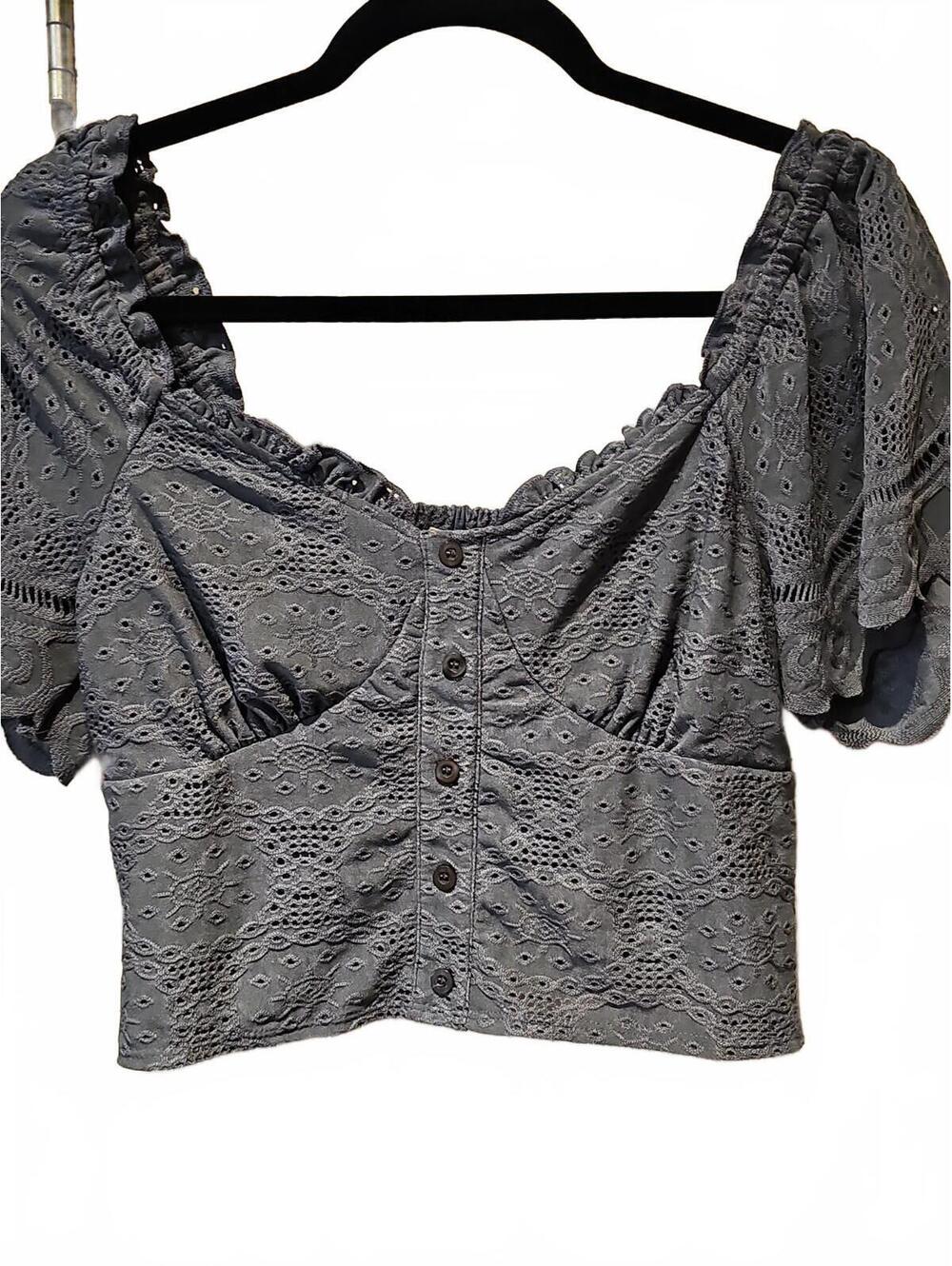 Urban Romantics Boho Lacey Lined Crop Top With Smocked Back Grey Size L NWOT